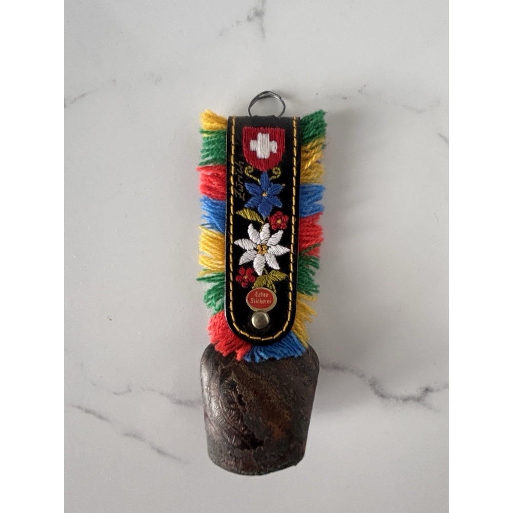 Vtg. Handcrafted Swiss Cow Bell Hammered Metal Leather Embroidered Fringed Strap